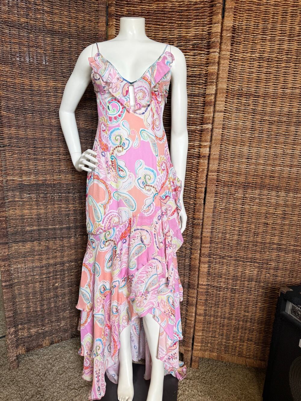 Women’s Pink Paisley Ruffle High-Low Maxi Dress Open Back